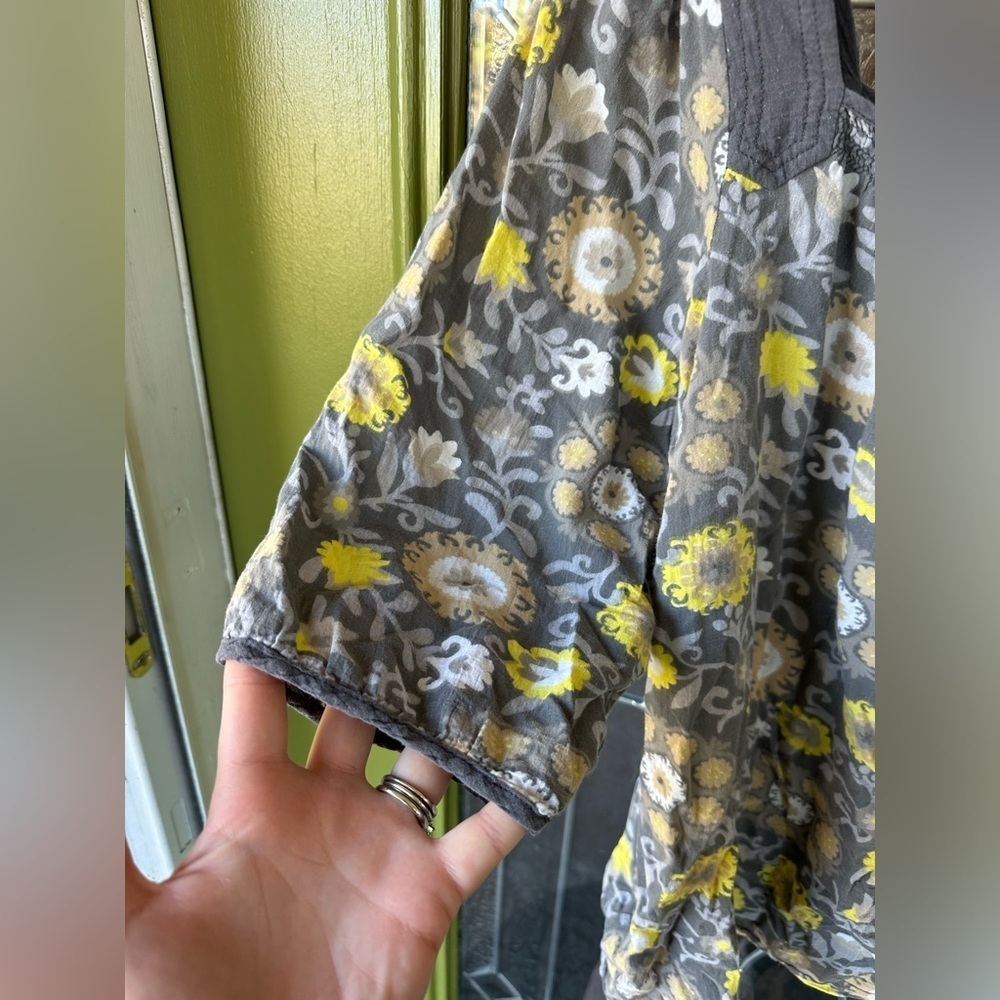 Medium Gray Boho Floral Baggy 100% Cotton Keyhole Smock Neck 3/4 Sleeve Blouse - Picture 2 of 7